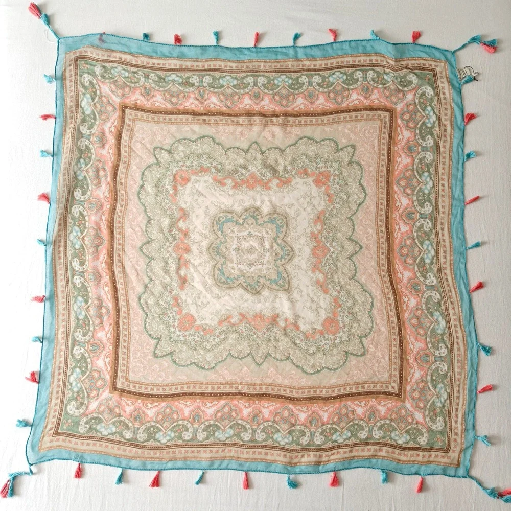 Spun by Subtle Luxury Teal Salmon Pink Paisley Tassel Square Scarf Bohemian